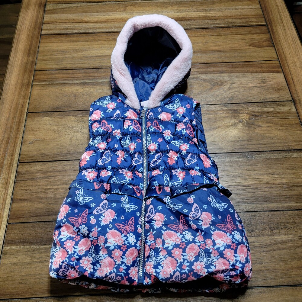 Little Lass Navy Blue & Butterflies Puffer Zip Vest w/ Hood - Size 6